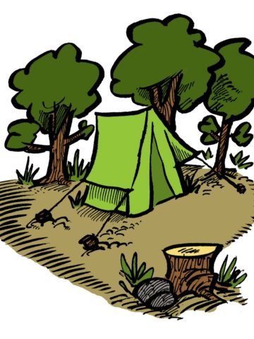 Piirros, missä on teltta puiden suojassa