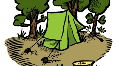 Piirros, missä on teltta puiden suojassa