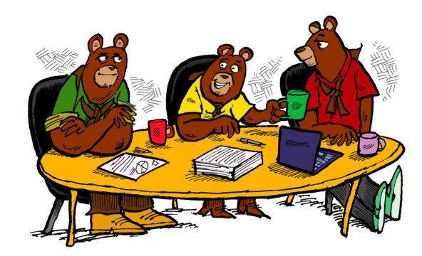 Piirroksessa kolme partiohuivikaulaista karhua istuu pyöreän pöydän ääressä ja keskusteluu jostain. Pöydällä on paperipinoja, kyniä ja läppäri.